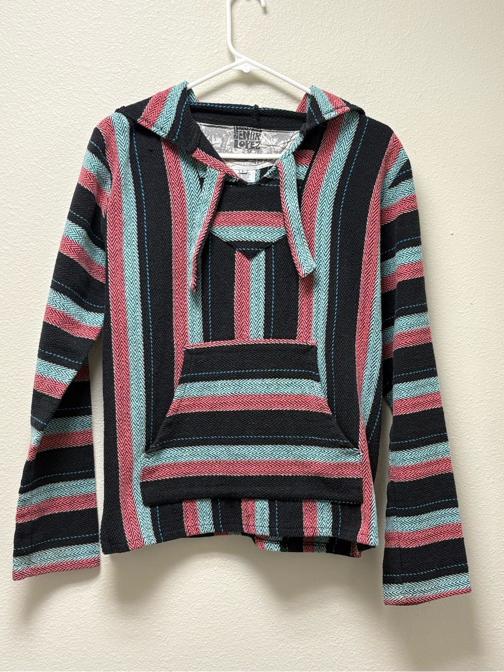 Baja Senor Lopez Men L Black/Pink/Blue/Gray Striped Pullover Hoodie Pockets
